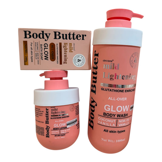 Clinitone body butter mild and gentle skin lightening lotion, bar soap and body wash