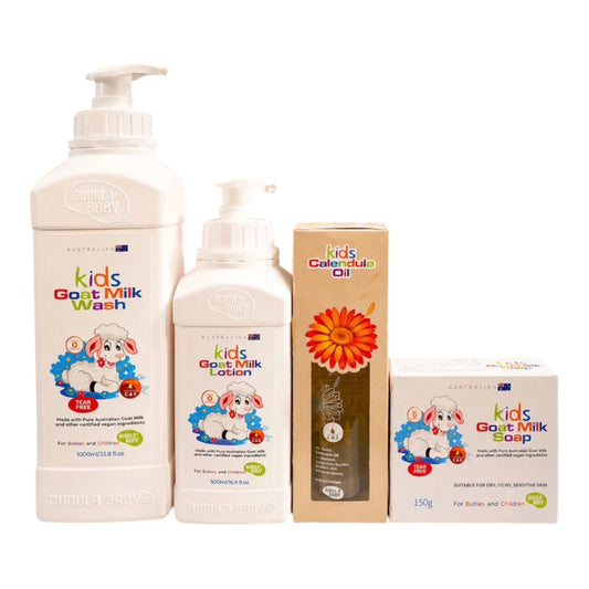 Bubula Baby Kids Australian Goat Milk Body Lotion, Gentle Wash & Kids Calendula Nourishing Oil Set for Delicate Skin Care