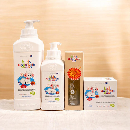 Bubula Baby Kids Australian Goat Milk Body Lotion, Gentle Wash & Kids Calendula Nourishing Oil Set for Delicate Skin Care