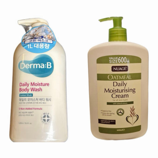 Nuage Oatmeal Daily Moisturising Cream & Derma B Fresh Peach & cotton Musk Body Wash Set for children 2-in-1 Skincare Routine kids