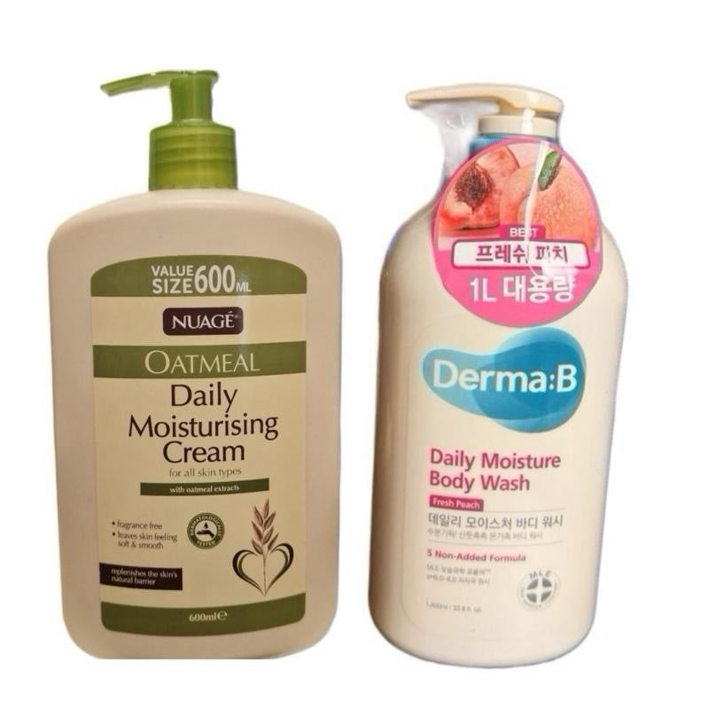 Nuage Oatmeal Daily Moisturising Cream & Derma B Fresh Peach & cotton Musk Body Wash Set for children 2-in-1 Skincare Routine kids