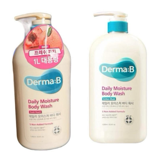 Derma-B Daily Moisturising Body Wash with Fresh Peach or Cotton Musk for All Ages, kids children Family Size 1000ml Non-Added Formula