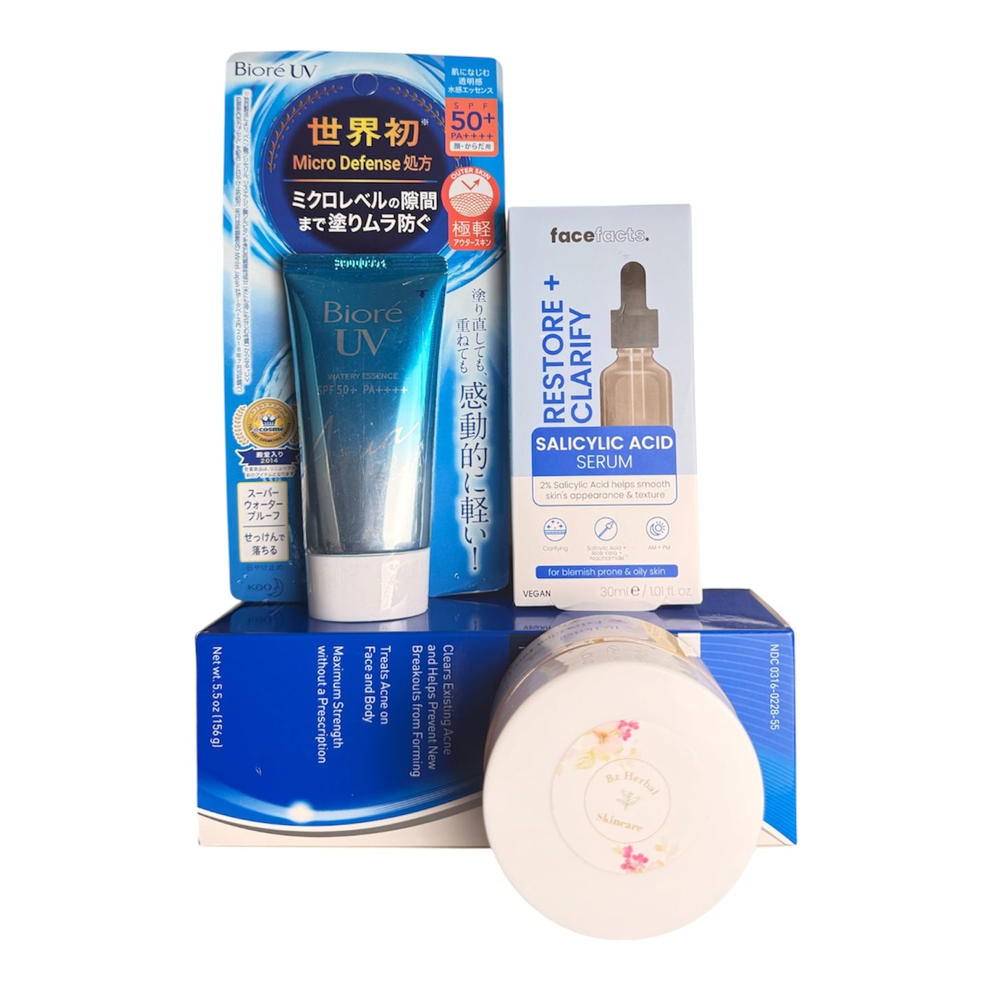 Acne and breakouts treatment set of Panoxyl face wash, salicylic serum, face cream and sunscreen