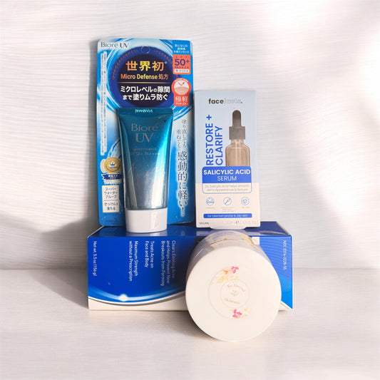 Acne and breakouts treatment set of Panoxyl face wash, salicylic serum, face cream and sunscreen