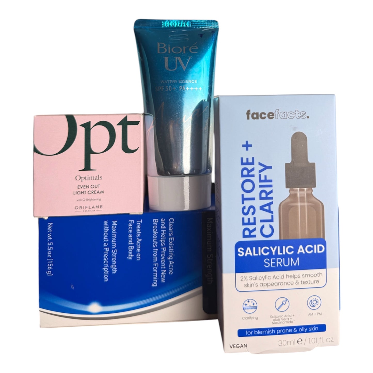 Acne and breakouts treatment set of Panoxyl face wash, salicylic serum, face cream and sunscreen